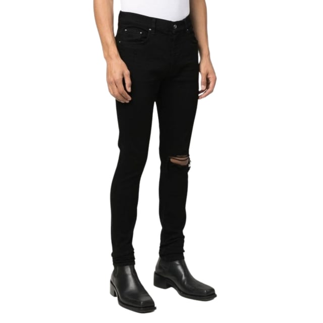 Pantalones vaqueros negros Amiri, bragueta de botones, 92 % algodón, 6 % elastomultiéster, 2 % elastano, fabricado en EE. UU., pernera recta, insignia de la marca Amiri
