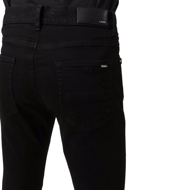 Pantalones vaqueros negros Amiri, bragueta de botones, 92 % algodón, 6 % elastomultiéster, 2 % elastano, fabricado en EE. UU., pernera recta, insignia de la marca Amiri