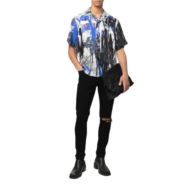 Pantalones vaqueros negros Amiri, bragueta de botones, 92 % algodón, 6 % elastomultiéster, 2 % elastano, fabricado en EE. UU., pernera recta, insignia de la marca Amiri