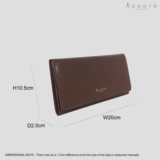 The ‘Claire’ flapover ladies purse is handcrafted with the Assots premium 'Giovani' Italian Polished vegetable tanned leather. Equipped with RFID technology, this practical ladies purse features a magnetic fastening closure with plenty of room to organise your cash, cards and coins. This large leather ladies purse is perfect to compliment your handbag and fits in easily. Stay safe and organised with ‘Claire’ the perfect addition to your collection of purses ideal for all outfits and occasions.
Secured flap over magnetic fastening closure to store your essentials safely and securely. Foldover flap design. Equipped with RFID technology for safety.
Additional back zip pocket to ensure you don’t run out of space. Two note compartments. Eight internal card compartments. Two windowed ID slots.Assots branded lined interiors. Lightweight for easy carry. Fittings Colour: Clean Brass. Composition: Body: 100% Genuine Leather. Lining: 100% Cotton.
DISCLAIMER : All pictures shown are for illustration purpose only. Actual product colour may vary due to different ambience lighting or the screen display settings. Size - W20cm x H10.5cm x D2.5cm.