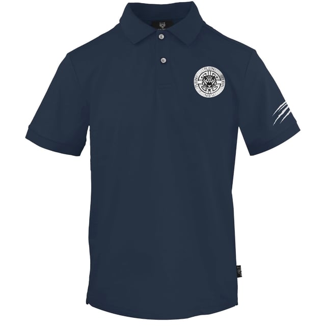 Plein Sport Blaues Poloshirt, 100 % Baumwolle, Knopfverschluss. Kurzarm, Kragen, Plein-Markenabzeichen, blaues Polo.