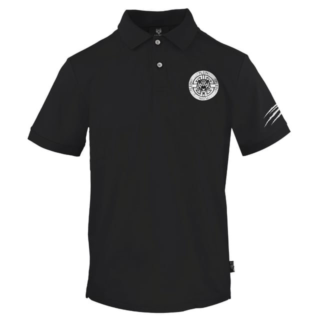 Plein Sport Black Polo Shirt, 100% Cotton, Button Closure. Short Sleeve, Collar, Plein Branded Badges, Black Polo