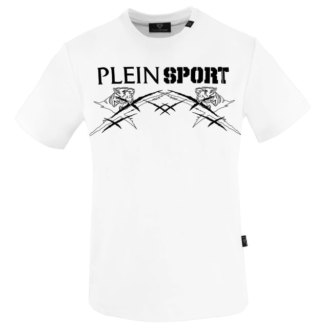 Plein Sport White T-Shirt, 100% Cotton, Plein Sport Branded Logo, Short Sleeve, Crew Neck, Plein Branded Badges, Made in Bangladesh, White Tee