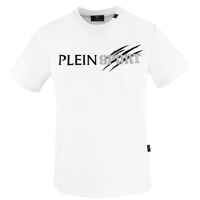 Plein Sport White T-Shirt, 100% Cotton, Plein Sport Branded Logo, Short Sleeve, Crew Neck, Plein Branded Badges, Made in Bangladesh, White Tee
