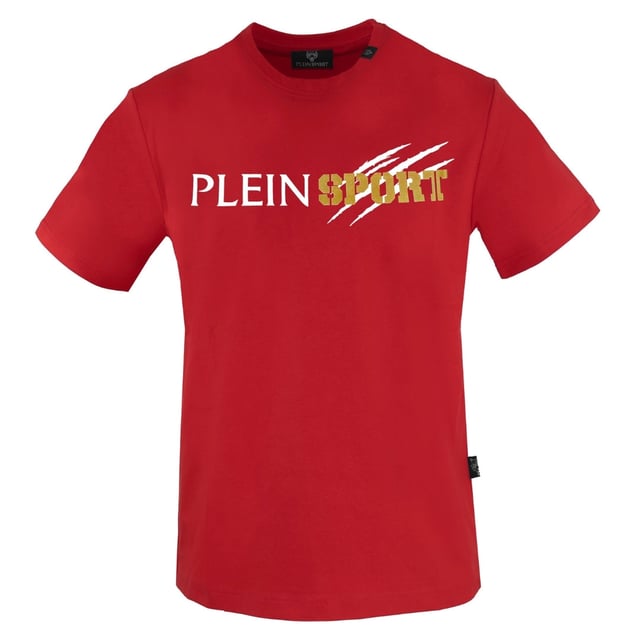 Plein Sport Red T-Shirt, 100% Cotton, Plein Sport Branded Logo, Short Sleeve, Crew Neck, Plein Branded Badges, Made in Bangladesh, Red Tee