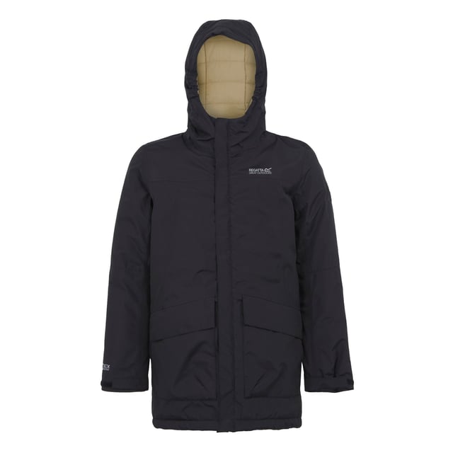 Regatta Childrens/Kids Farbank Ski Jacket (Black/Oat) Lining: Baffled. Fabric: Down-Touch, Warmloft. Filling: Polyamide. Design: Logo, Sleeve Patches. Fabric Technology: Breathable, Isotex 5000, Lightweight, Reflective, Waterproof, Windproof. 360 Degree Reflection, Taped Seams. Neckline: Hooded. Cuff: Hook And Loop Strap. Sleeve-Type: Long-Sleeved. Hood Features: Elasticated, Grown On Hood. Pockets: 2 Lower Pockets, Stud Fastening, Flap Closure, Concealed. Fastening: Full Zip, Stud. 5000g/m²/24hrs. Hem: Adjustable, Shockcord Hem. Please Note: Printed Name Label up to Age 8. Denier: 20D. Sustainability: Made from Recycled Materials. 14 Years: 33 in. 5-6 Years: 24 in. 15-16 Years: 36 in. 3-4 Years: 22.5 in. 7-8 Years: 26 in. 13 Years: 32 in. 11-12 Years: 31 in. 9-10 Years: 28.5 in.