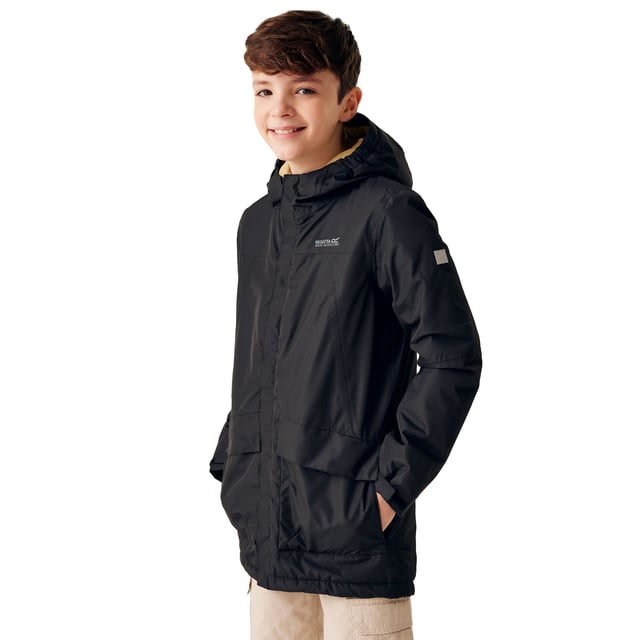 Regatta Childrens/Kids Farbank Ski Jacket (Black/Oat) Lining: Baffled. Fabric: Down-Touch, Warmloft. Filling: Polyamide. Design: Logo, Sleeve Patches. Fabric Technology: Breathable, Isotex 5000, Lightweight, Reflective, Waterproof, Windproof. 360 Degree Reflection, Taped Seams. Neckline: Hooded. Cuff: Hook And Loop Strap. Sleeve-Type: Long-Sleeved. Hood Features: Elasticated, Grown On Hood. Pockets: 2 Lower Pockets, Stud Fastening, Flap Closure, Concealed. Fastening: Full Zip, Stud. 5000g/m²/24hrs. Hem: Adjustable, Shockcord Hem. Please Note: Printed Name Label up to Age 8. Denier: 20D. Sustainability: Made from Recycled Materials. 14 Years: 33 in. 5-6 Years: 24 in. 15-16 Years: 36 in. 3-4 Years: 22.5 in. 7-8 Years: 26 in. 13 Years: 32 in. 11-12 Years: 31 in. 9-10 Years: 28.5 in.