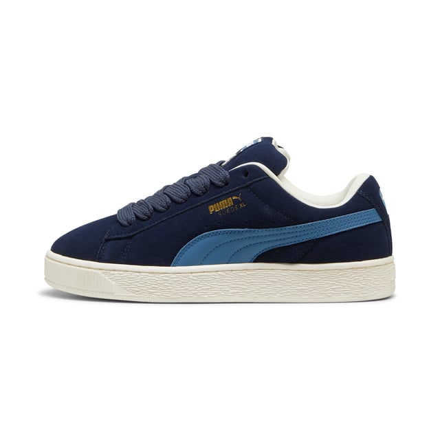 PRODUCT STORY: This fresh take on the classic Suede draws inspiration from PUMA’s heritage within breakdancing and its influence on modern streetwear. The Suede XL retains the Suede’s iconic DNA, but gives it a twist with an exaggerated padded collar and tongue, plus a chunkier sole. This execution features a full suede upper with a leather Formstrip. FEATURES & BENEFITS: PUMA’s leather products support responsible manufacturing via the Leather Working Group.DETAILS: Suede upper; Leather Formstrip; Suede tongue with mesh binding; Debossed and foil-printed PUMA branding on quarter panel; Mesh lining; Mesh sockliner; Rubber midsole; Rubber outsole; Lining: Textile, Other; Outsole: Rubber; Upper: Leather; Sockliner: Textile.