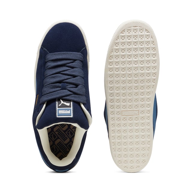 PRODUCT STORY: This fresh take on the classic Suede draws inspiration from PUMA’s heritage within breakdancing and its influence on modern streetwear. The Suede XL retains the Suede’s iconic DNA, but gives it a twist with an exaggerated padded collar and tongue, plus a chunkier sole. This execution features a full suede upper with a leather Formstrip. FEATURES & BENEFITS: PUMA’s leather products support responsible manufacturing via the Leather Working Group.DETAILS: Suede upper; Leather Formstrip; Suede tongue with mesh binding; Debossed and foil-printed PUMA branding on quarter panel; Mesh lining; Mesh sockliner; Rubber midsole; Rubber outsole; Lining: Textile, Other; Outsole: Rubber; Upper: Leather; Sockliner: Textile.