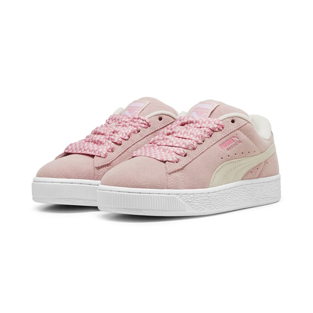 Zapatillas Puma Suede XL Lace para mujer, rosas, fabricadas en ante y suela de goma. Incluyen: parte superior de ante suave, cuello acolchado y cordones anchos.