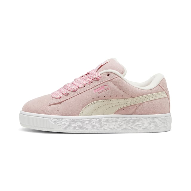 Zapatillas Puma Suede XL Lace para mujer, rosas, fabricadas en ante y suela de goma. Incluyen: parte superior de ante suave, cuello acolchado y cordones anchos.