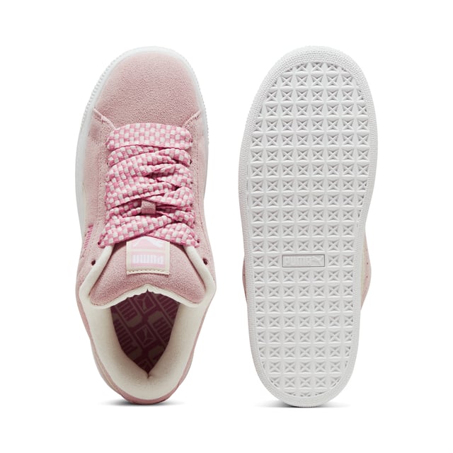 Zapatillas Puma Suede XL Lace para mujer, rosas, fabricadas en ante y suela de goma. Incluyen: parte superior de ante suave, cuello acolchado y cordones anchos.