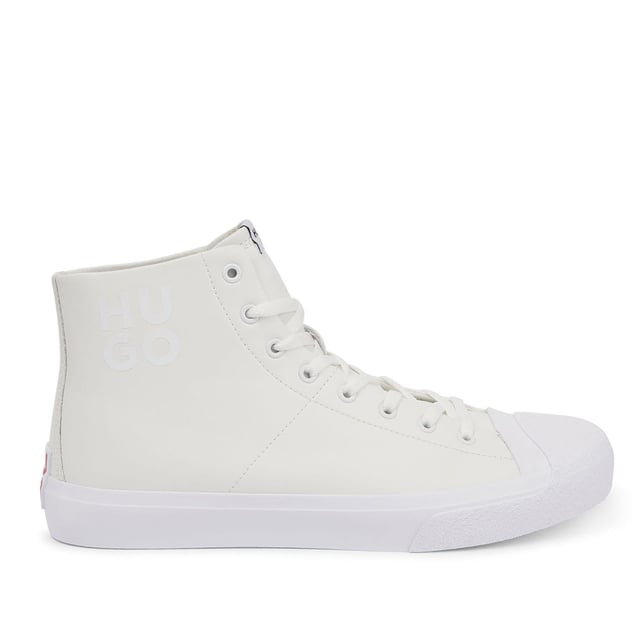 Men's Hugo Dyer Hi-Top Trainers in White HUGO sneaker. Lace up construction. Full leather high top upper design with logo in contrasting colour on the side. HUGO red patch enriches the backtab. Full vulcanized sole.
