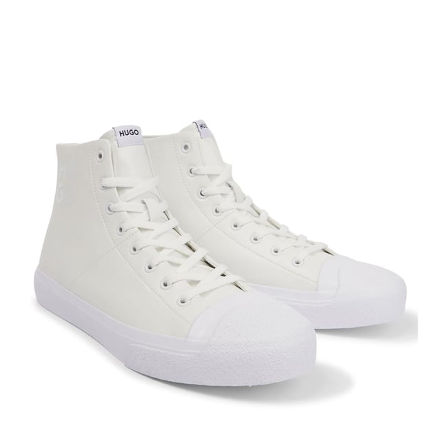 Men's Hugo Dyer Hi-Top Trainers in White HUGO sneaker. Lace up construction. Full leather high top upper design with logo in contrasting colour on the side. HUGO red patch enriches the backtab. Full vulcanized sole.