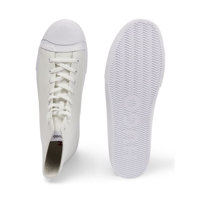 Men's Hugo Dyer Hi-Top Trainers in White HUGO sneaker. Lace up construction. Full leather high top upper design with logo in contrasting colour on the side. HUGO red patch enriches the backtab. Full vulcanized sole.