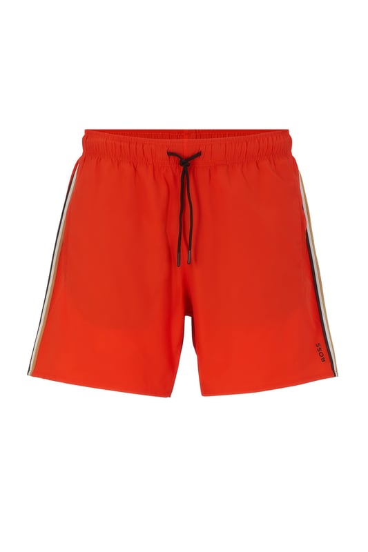 Boss Black Iconic Swim Shorts in Bright Orange
Made from quick-drying polyester, these swim shorts are both comfortable and practical. The contrasting ribbed waistband and drawstring closure provide a secure fit, while the two slit pockets and one Velcro fastening patch pocket offer plenty of storage space for your essentials.
A small printed logo on the leg adds a touch of branding, while the elasticated mesh lining provides added comfort and support.
Whether you're lounging on the beach or swimming laps in the pool, the Boss Black Iconic Swim Short in Bright Orange is the perfect way to stay cool and stylish this summer.
Michael Stewart Menswear can not accept returns on underwear, socks, swimwear or face masks for hygiene reasons. Please contact us if you need precise measurements for any item.
 