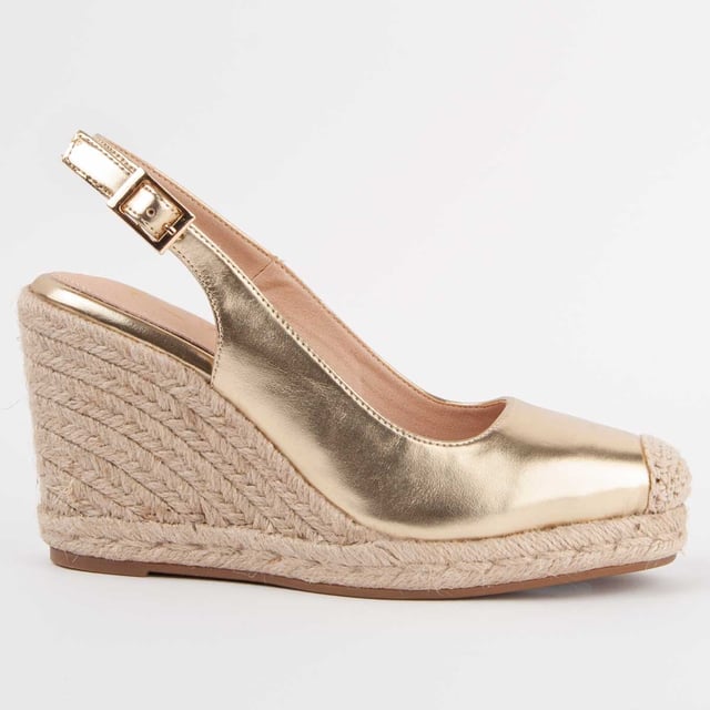 Dames sleehak espadrille. Binnenzool van 100% natuurlijk leer. Comfortabele pasvorm. Gemaakt door andere merken voor ons merk. Geschatte afmetingen: 8 cm hak en 2 cm plateau.