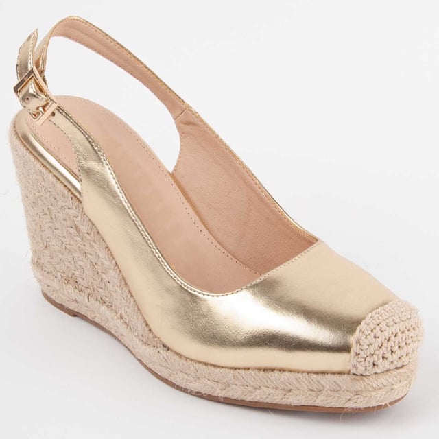 Dames sleehak espadrille. Binnenzool van 100% natuurlijk leer. Comfortabele pasvorm. Gemaakt door andere merken voor ons merk. Geschatte afmetingen: 8 cm hak en 2 cm plateau.