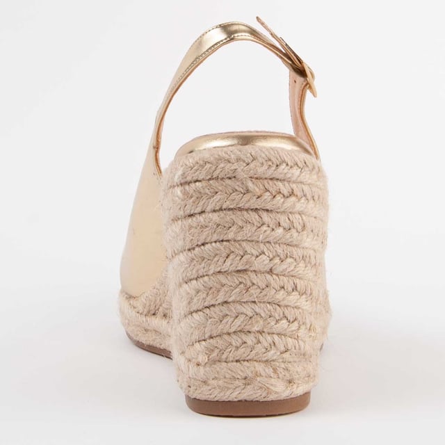 Dames sleehak espadrille. Binnenzool van 100% natuurlijk leer. Comfortabele pasvorm. Gemaakt door andere merken voor ons merk. Geschatte afmetingen: 8 cm hak en 2 cm plateau.