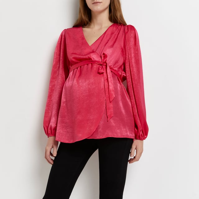 Maternity collection, Satin fabric, Tie waist detail, Long puff sleeves, V-neck