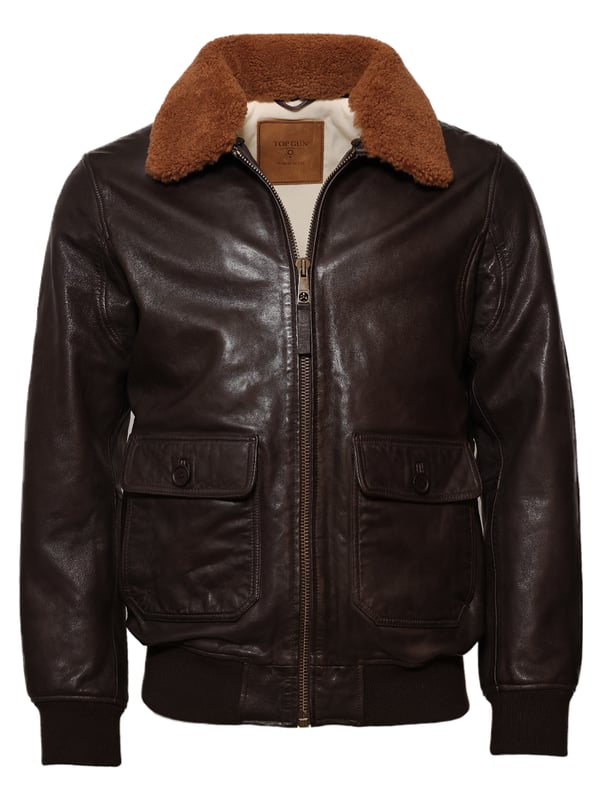 mit Lammfellkragen  Original Top Gun Lederblouson im typische Pilotenstil. Die Passform ist locker und daher sehr bequem. Durch den abnehmbaren Lammfellkragen ist die Jacke vielseitig einsetzbar.