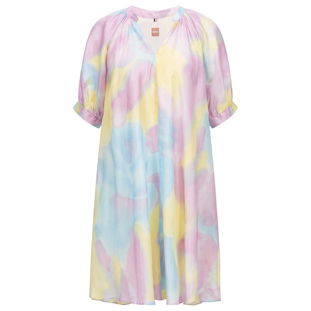 Womens Boss Diflowu Silk Mini Dress in multi colour.- Notch neckline.- Short sleeves.- Pockets top: Seam pocket.- Printed all over with a watercolour-style floral motif.- Oversize fit.- Fully lined.- Main material: 100% Silk.  Lining: 100% Viscose.  Do not wash.- Ref: 50475233-964