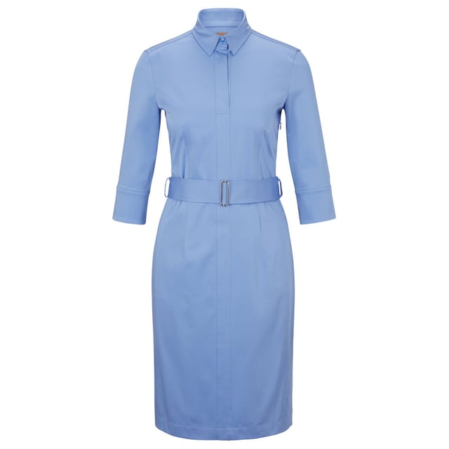 Womens BOSS Daliri1 Shirt Dress in blue.- Spread collar.- Three-quarter length sleeves.- Faux front placket.- Concealed side zip closure.- Removable buckle belt.- Side slits at hem.- Back yoke.- Flare silhouette.- 96% Cotton  4% Elastane.  Machine washable.- Ref: 50496976-472