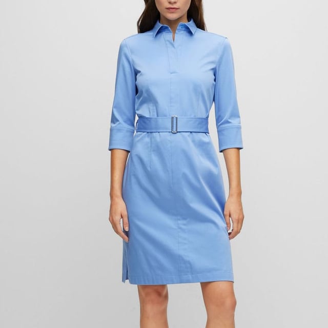 Womens BOSS Daliri1 Shirt Dress in blue.- Spread collar.- Three-quarter length sleeves.- Faux front placket.- Concealed side zip closure.- Removable buckle belt.- Side slits at hem.- Back yoke.- Flare silhouette.- 96% Cotton  4% Elastane.  Machine washable.- Ref: 50496976-472