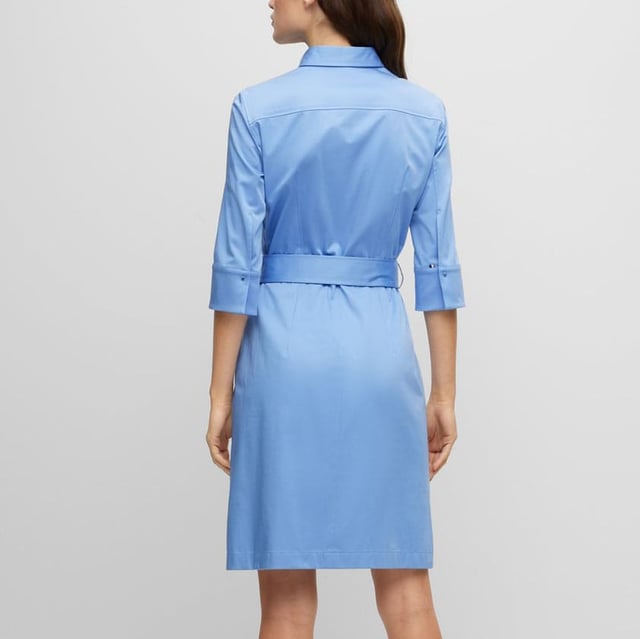 Womens BOSS Daliri1 Shirt Dress in blue.- Spread collar.- Three-quarter length sleeves.- Faux front placket.- Concealed side zip closure.- Removable buckle belt.- Side slits at hem.- Back yoke.- Flare silhouette.- 96% Cotton  4% Elastane.  Machine washable.- Ref: 50496976-472