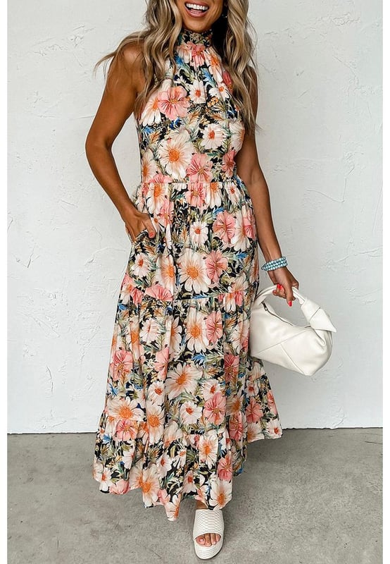 Charming and impressive black boho floral print dress
  Halter design with knot nape
  Sleeveless pocketed flowy dress that is flattering for most body types
  Popular dropship maxi dress with patterns
  Available in sizes S M L and XL
  Size chart provided in both cm and inches
Material: 100% Polyester