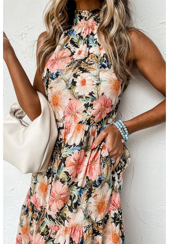 Charming and impressive black boho floral print dress
  Halter design with knot nape
  Sleeveless pocketed flowy dress that is flattering for most body types
  Popular dropship maxi dress with patterns
  Available in sizes S M L and XL
  Size chart provided in both cm and inches
Material: 100% Polyester
