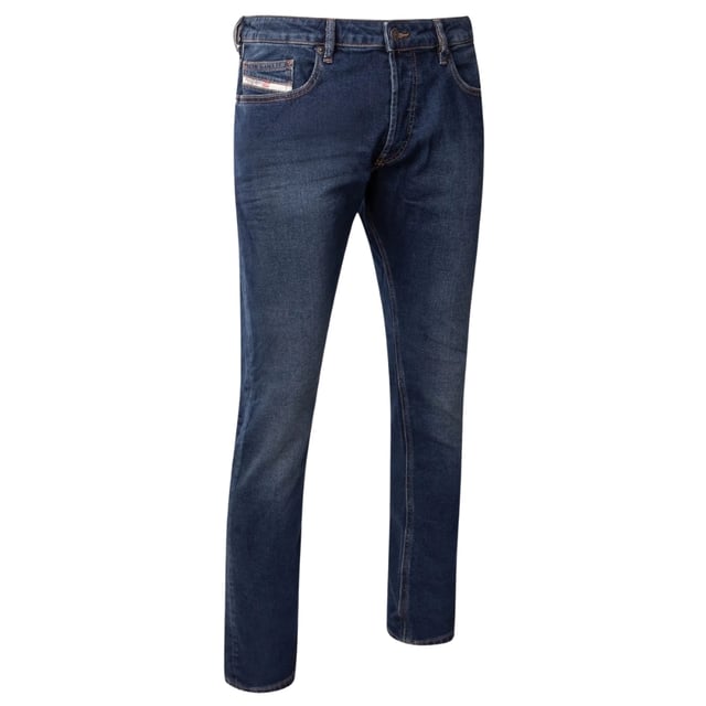 Diesel Blue Denim Pants , Button Fly, Button Fasten, 99% Cotton, 1% Elastane Stretch Denim , Slim Fit, Tapered Leg, Dark Blue Style, Branded Coin Pocket, Diesel Branded Badge