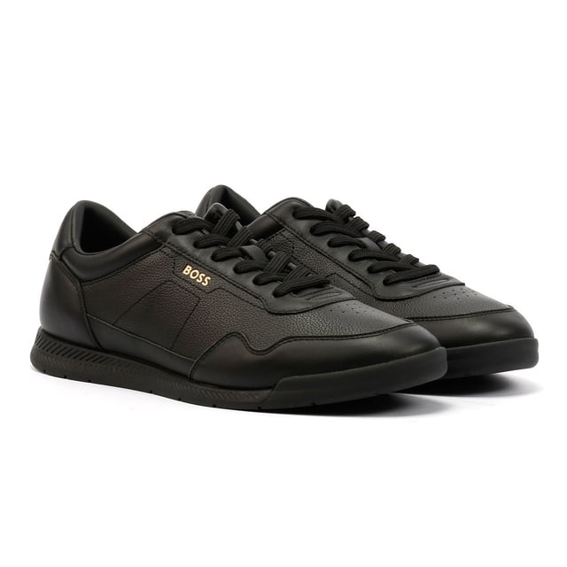 Boss Titanium Leather Men's Black Trainers Low-top sneakers crafted with a leather upper for durability and style. Finished with a sturdy rubber sole for reliable traction and comfort