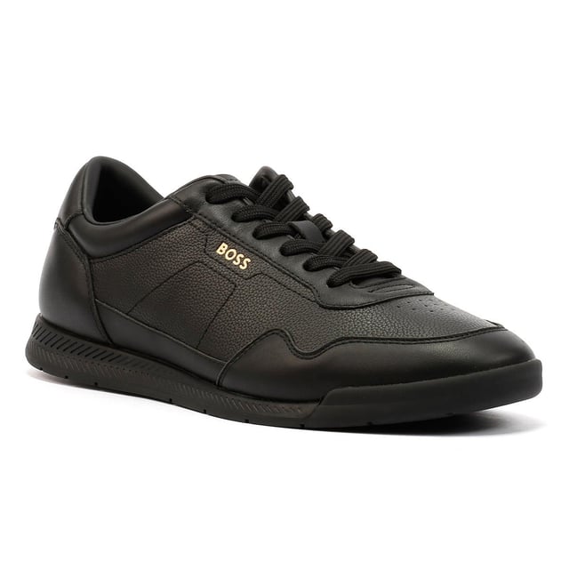 Boss Titanium Leather Men's Black Trainers Low-top sneakers crafted with a leather upper for durability and style. Finished with a sturdy rubber sole for reliable traction and comfort
