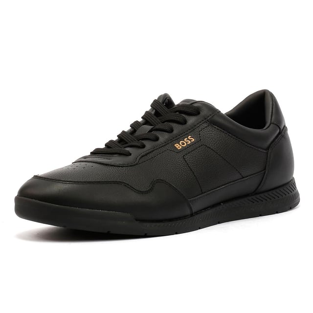 Boss Titanium Leather Men's Black Trainers Low-top sneakers crafted with a leather upper for durability and style. Finished with a sturdy rubber sole for reliable traction and comfort