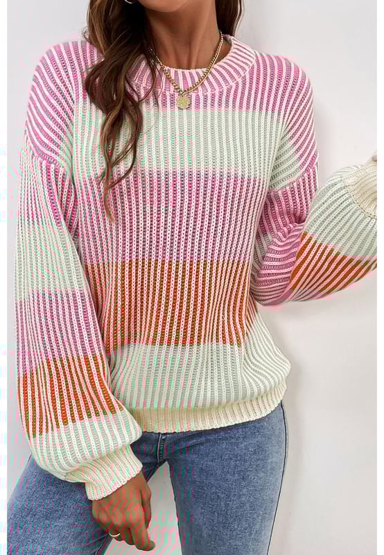 Suéter de punto texturizado en color rosa con mangas abullonadas, acogedor y a la moda  
  Diseño de bloques de color llamativo para un estilo moderno  
  Las mangas abullonadas en tendencia añaden un toque lúdico  
  Cuello redondo clásico para un estilo versátil y atemporal  
  Elasticidad media-alta  
  Viene con tabla de tallas en CM y PULGADAS  
  Perfecto para cualquier género  
Material: 60% algodón, 40% acrílico