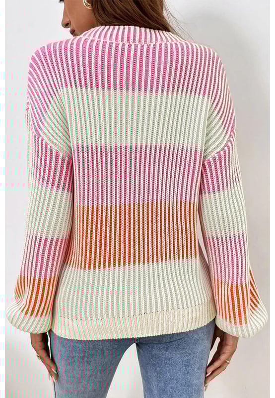 Suéter de punto texturizado en color rosa con mangas abullonadas, acogedor y a la moda  
  Diseño de bloques de color llamativo para un estilo moderno  
  Las mangas abullonadas en tendencia añaden un toque lúdico  
  Cuello redondo clásico para un estilo versátil y atemporal  
  Elasticidad media-alta  
  Viene con tabla de tallas en CM y PULGADAS  
  Perfecto para cualquier género  
Material: 60% algodón, 40% acrílico