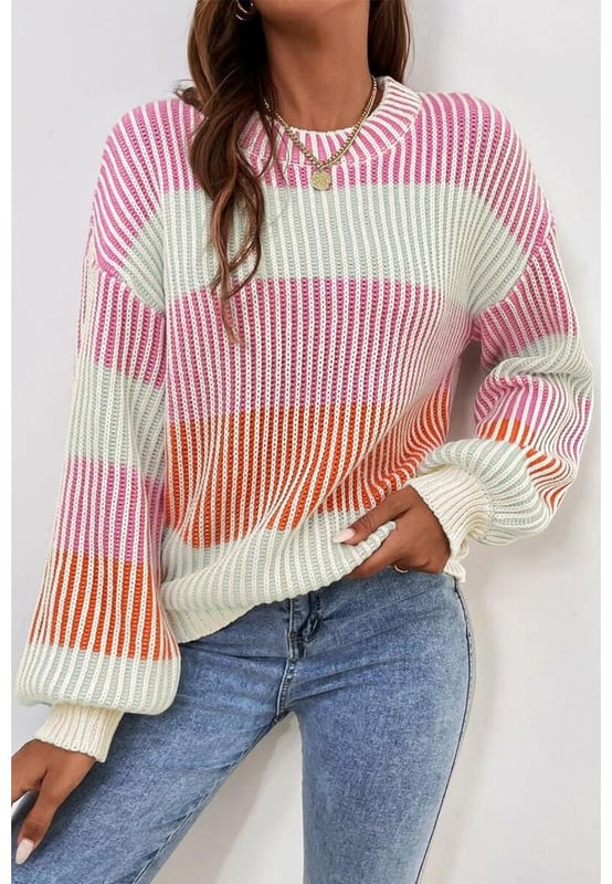 Suéter de punto texturizado en color rosa con mangas abullonadas, acogedor y a la moda  
  Diseño de bloques de color llamativo para un estilo moderno  
  Las mangas abullonadas en tendencia añaden un toque lúdico  
  Cuello redondo clásico para un estilo versátil y atemporal  
  Elasticidad media-alta  
  Viene con tabla de tallas en CM y PULGADAS  
  Perfecto para cualquier género  
Material: 60% algodón, 40% acrílico