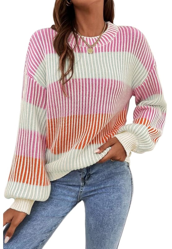 Suéter de punto texturizado en color rosa con mangas abullonadas, acogedor y a la moda  
  Diseño de bloques de color llamativo para un estilo moderno  
  Las mangas abullonadas en tendencia añaden un toque lúdico  
  Cuello redondo clásico para un estilo versátil y atemporal  
  Elasticidad media-alta  
  Viene con tabla de tallas en CM y PULGADAS  
  Perfecto para cualquier género  
Material: 60% algodón, 40% acrílico