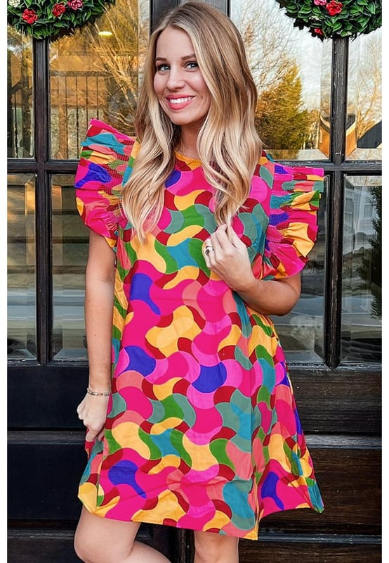 Rose Red Abstract Print Ruffle Sleeve Shift Dress
  Vibrant abstract print and playful ruffle sleeves
  Modest neck design
  Shift silhouette flatters any body shape
  Available in a range of sizes
Material: 100% Cotton