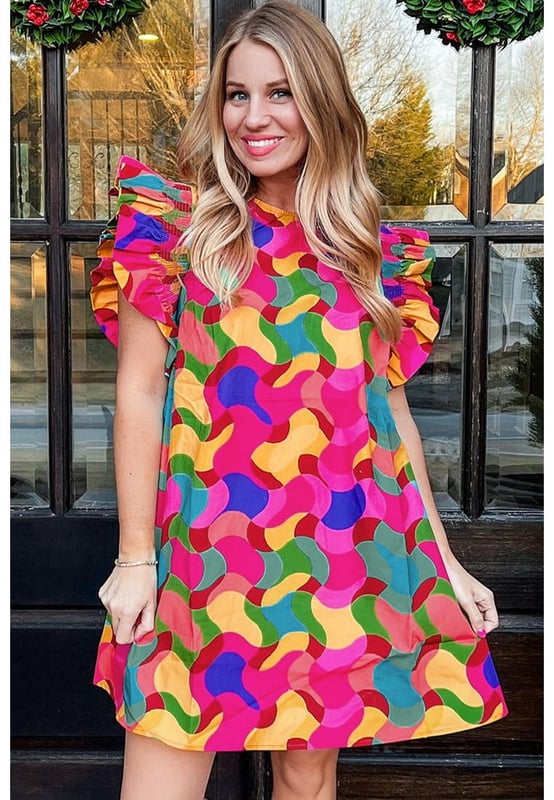 Rose Red Abstract Print Ruffle Sleeve Shift Dress
  Vibrant abstract print and playful ruffle sleeves
  Modest neck design
  Shift silhouette flatters any body shape
  Available in a range of sizes
Material: 100% Cotton