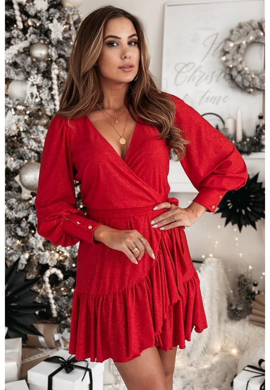 slim fit dress slacks Metallic Glitter Sequin Cross Wrap High Slit Maxi Red Dress main image 1