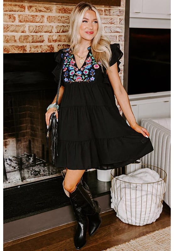 Azura Exchange Zwarte Bloemengebrodeerde Gelaagde Rimpel Mini-jurk