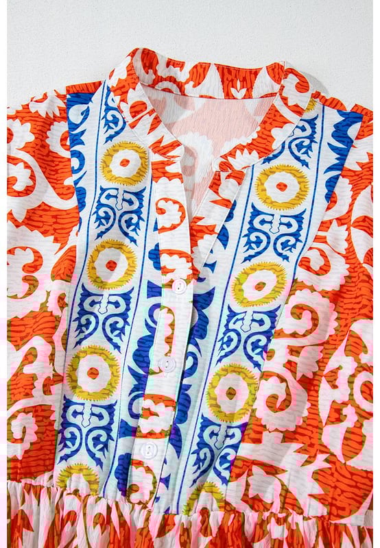 Boho
  inspired geometric prints for a cultural and colorful vibe
  Long sleeves and a split neck add elegance
  Maxi length with a flattering flared silhouette
  Perfect for pairing with sandals or heels for a summer look
Material: 100% Polyester