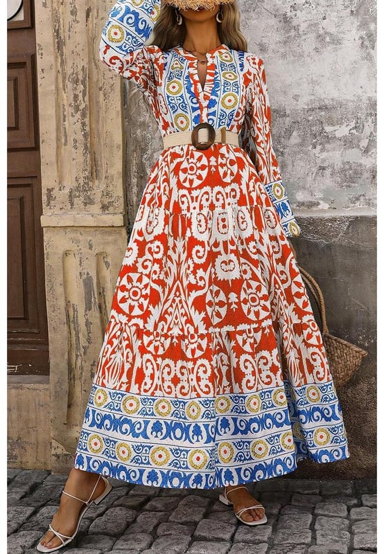 Boho
  inspired geometric prints for a cultural and colorful vibe
  Long sleeves and a split neck add elegance
  Maxi length with a flattering flared silhouette
  Perfect for pairing with sandals or heels for a summer look
Material: 100% Polyester