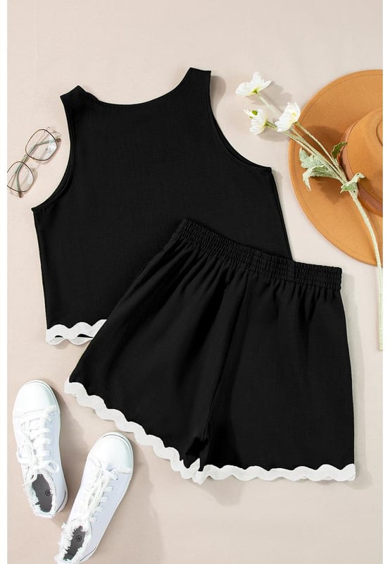 Black Ricrac Trim Tank Top Elastic Waist Shorts Set
  Unique and delicate ricrac detail
  Vest and shorts can be worn together or separately
  Contrast trim creates a color block effect
  Breathable lightweight and comfortable material
  Perfect for your summer wardrobe