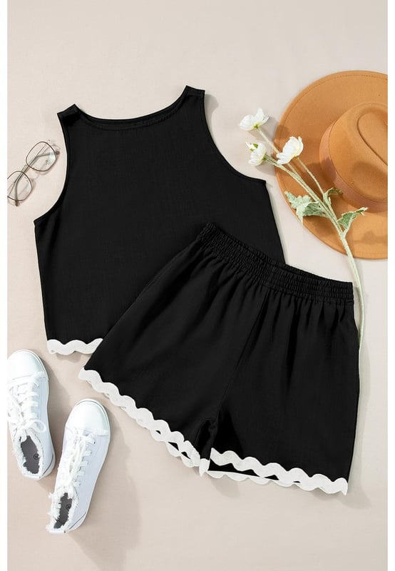 Black Ricrac Trim Tank Top Elastic Waist Shorts Set
  Unique and delicate ricrac detail
  Vest and shorts can be worn together or separately
  Contrast trim creates a color block effect
  Breathable lightweight and comfortable material
  Perfect for your summer wardrobe