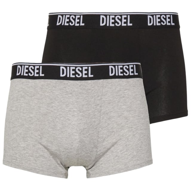Diesel Herren-Boxershorts im 2er-Pack, 95 % Baumwolle, 5 % Elasthan, Stretch-Passform, hergestellt in Bangladesch, 2er-Pack Farben – Grau, Schwarz, Diesel-Logo am Bund, schwarzer Bund, Diesel-Logo am Band, Diesel-Branding