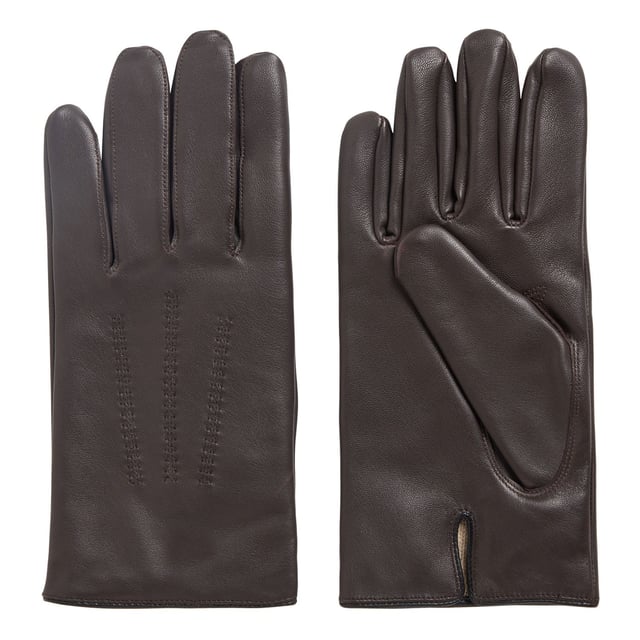 Accessories Boss Hainz4 Gloves in Brown BOSS Hainz4 Gloves in Black. A casual style waxed leather glove by BOSS. These Hugo Boss gloves arrive in a soft nappa leather. Finished with raised stitch detail and a metal BOSS metal logo badge.- Leather gloves.- Raised stitch detail.- Metal logo badge. Material: 100% Lamb Leather. Ref: 50437119244.