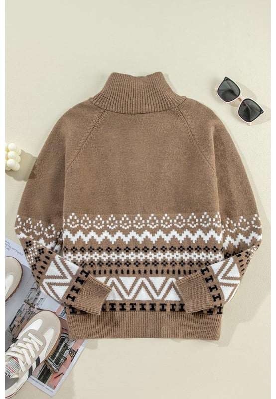 Cardigan occidental impreso, audaz y elegante  
Detalles de ribete acanalado para agregar textura y sofisticación  
Cierre de cremallera para versatilidad  
Cuello doblado para un toque clásico y moderno  
Alta elasticidad para un ajuste cómodo  
Material: 42% Acrílico 30% Poliéster 28% Poliamida